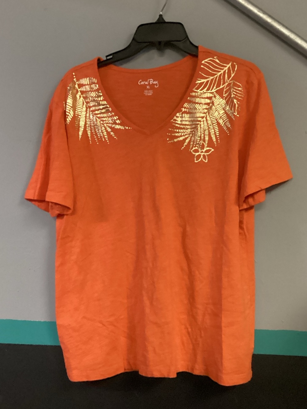 Coral Bay Men’s Orange V-Neck Tee with Gold Leaf Accents